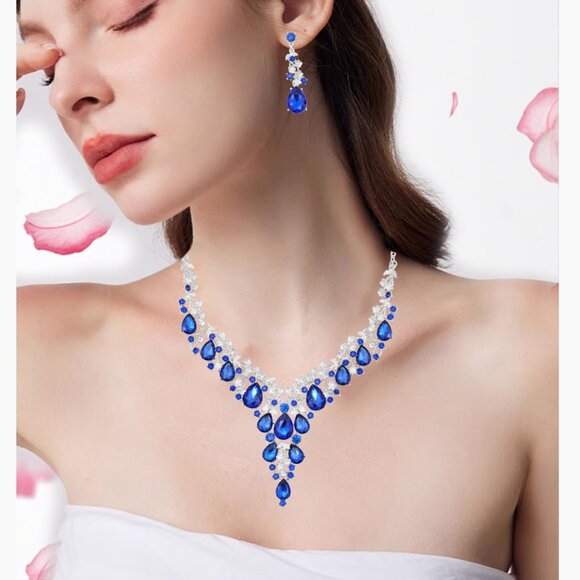 Elegant Crystal Jewelry Set Flower Bridal Necklace Earrings Bangle Wedding - Picture 8 of 8